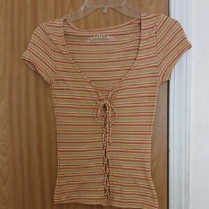 Aeropostale Tan and Black Fitted Tie Front Short Sleeve Tee